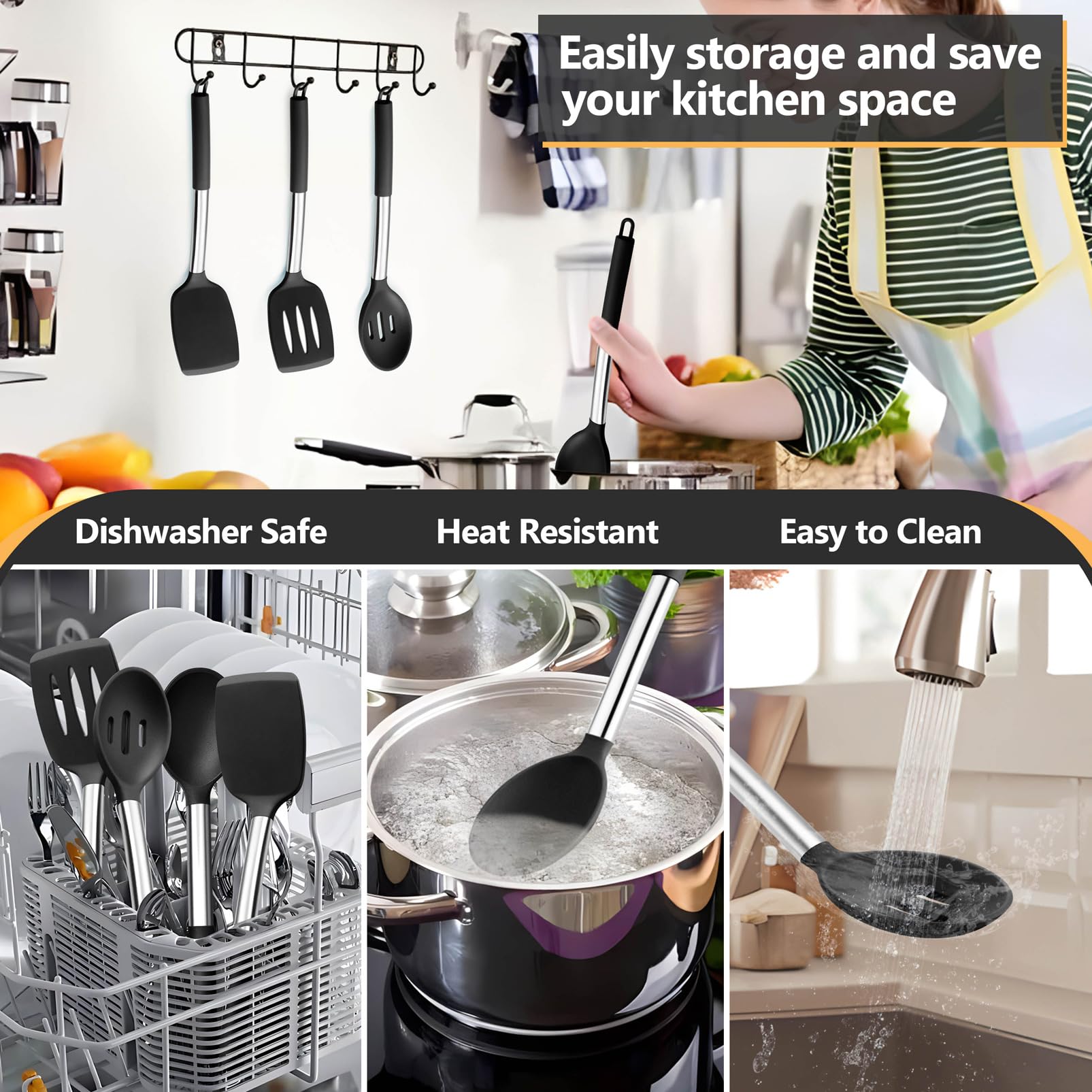 P&P CHEF silicone-turner solid head in black for easy turning.