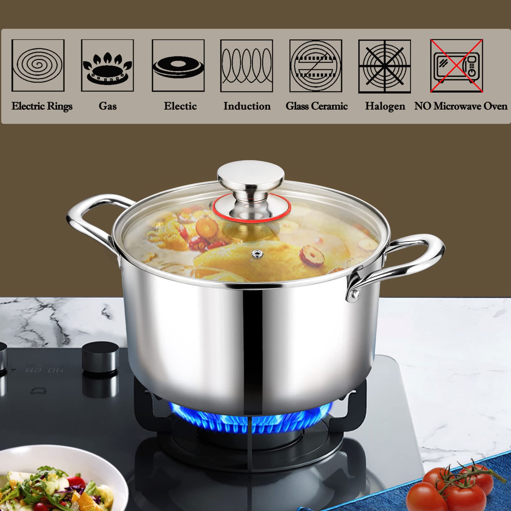 PP CHEF brushed interior and mirror exterior resist sticking and easy cleaning.