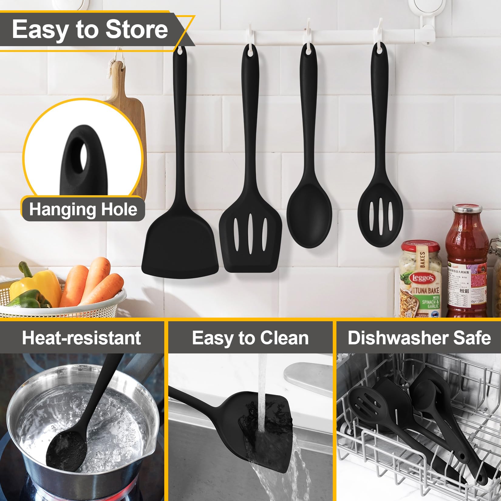 P&P CHEF nonstick silicone utensils clean easily by hand or dishwasher