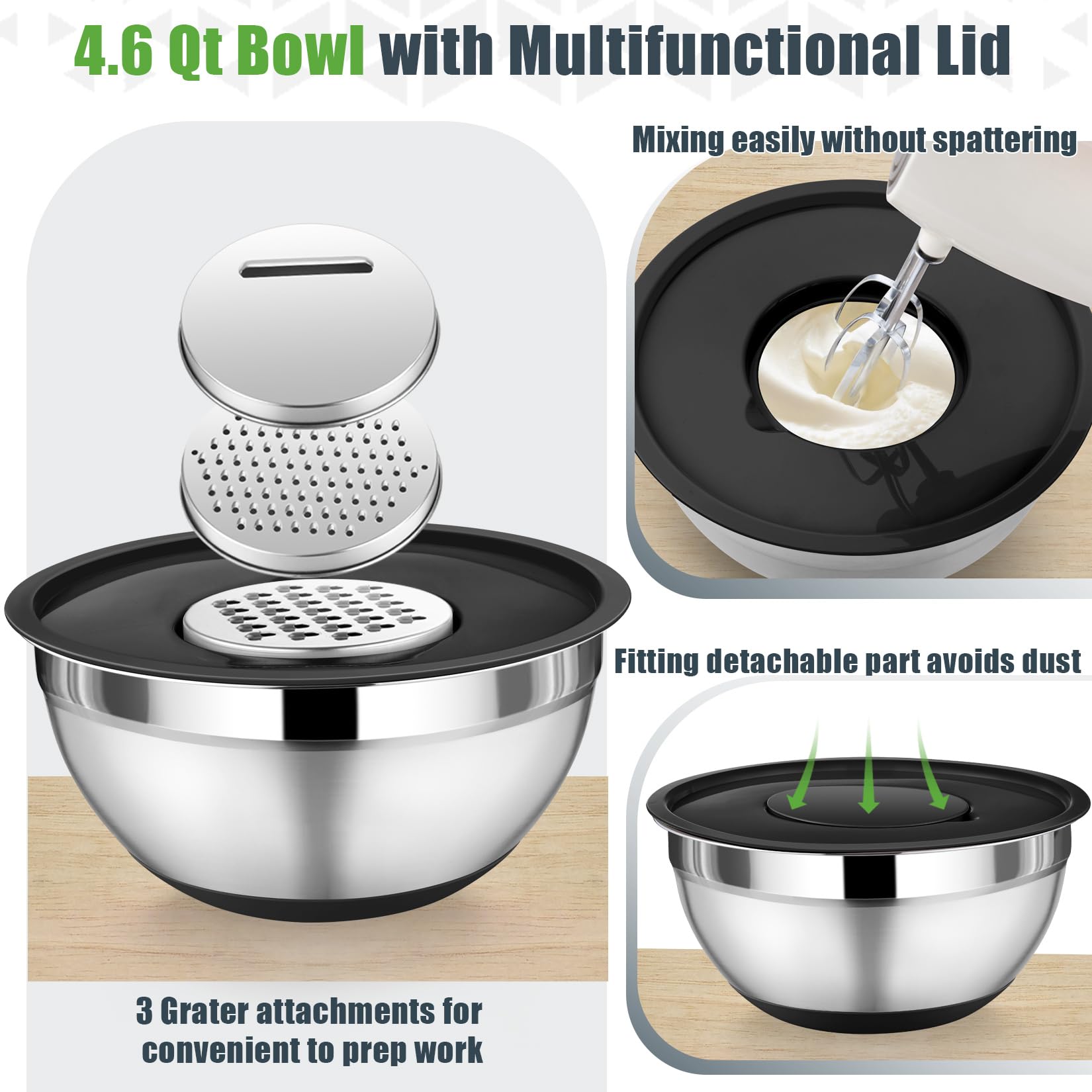 P&P CHEF stainless steel grater attachments on lid for slicing and shredding.