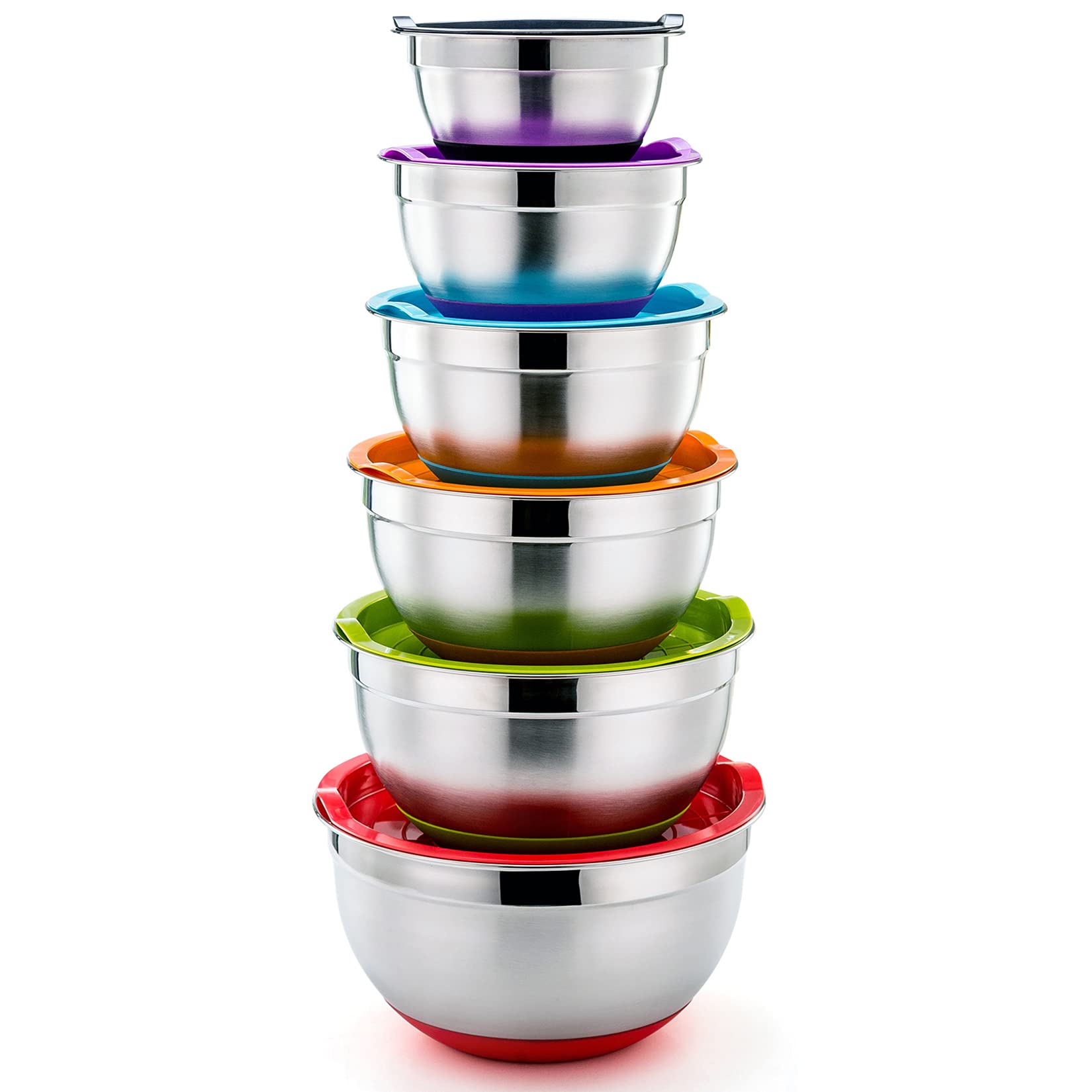 P&P CHEF six-piece mixing bowls with lids in a nesting design for space-saving prep.