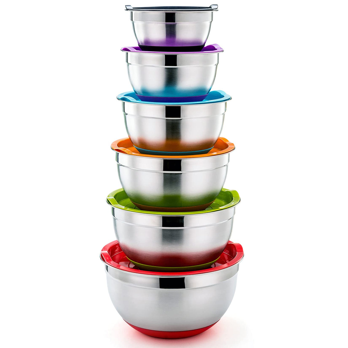 P&P CHEF six-piece mixing bowls with lids in a nesting design for space-saving prep.