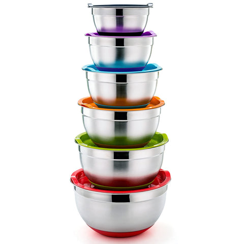 P&P CHEF six-piece mixing bowls with lids in a nesting design for space-saving prep.
