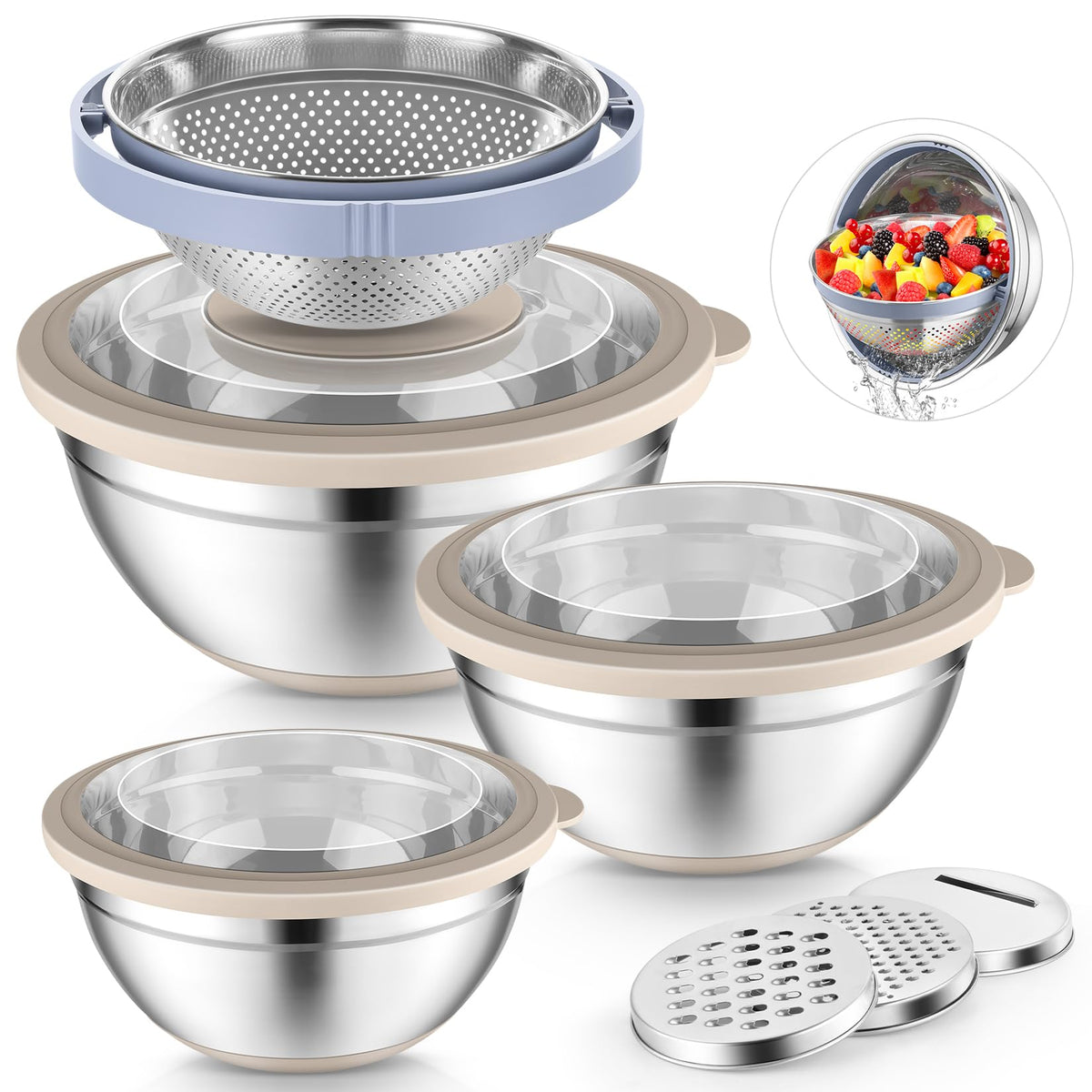 P&P CHEF 3-piece mixing bowls with lids for versatile meal prep.