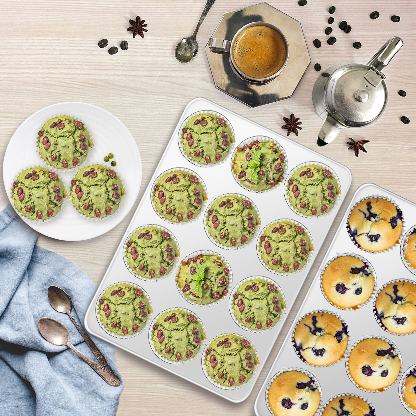 P&P CHEF muffin pan heavy-duty stainless steel for durability.