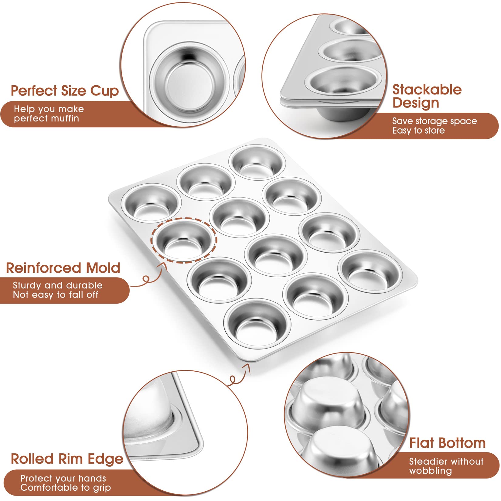 P&P CHEF muffin pan rolled rim for safe handling.