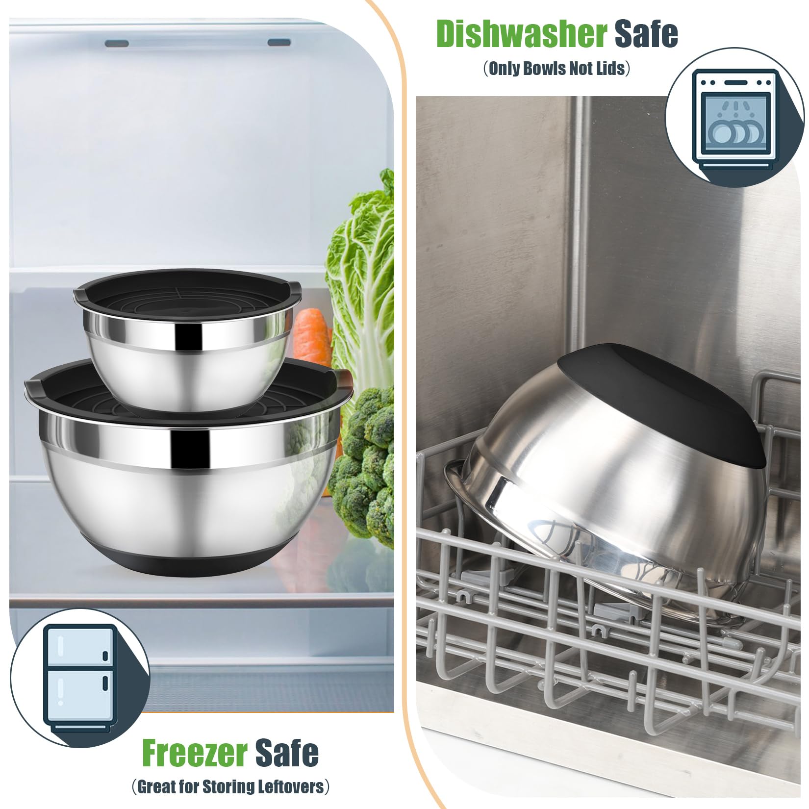 P&P CHEF bowls with non-slip bottoms for stable countertop use.