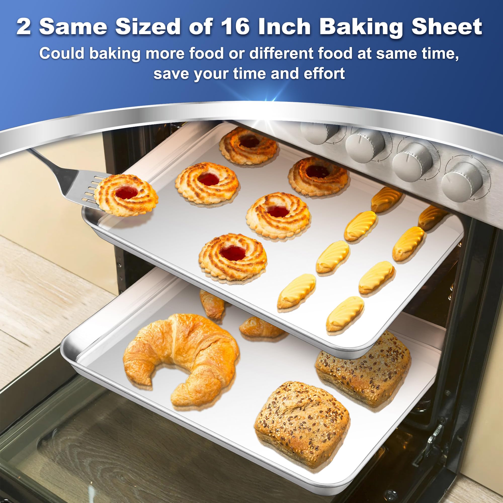 P&P CHEF rolled-edge baking tray prevents spills and contains juices.