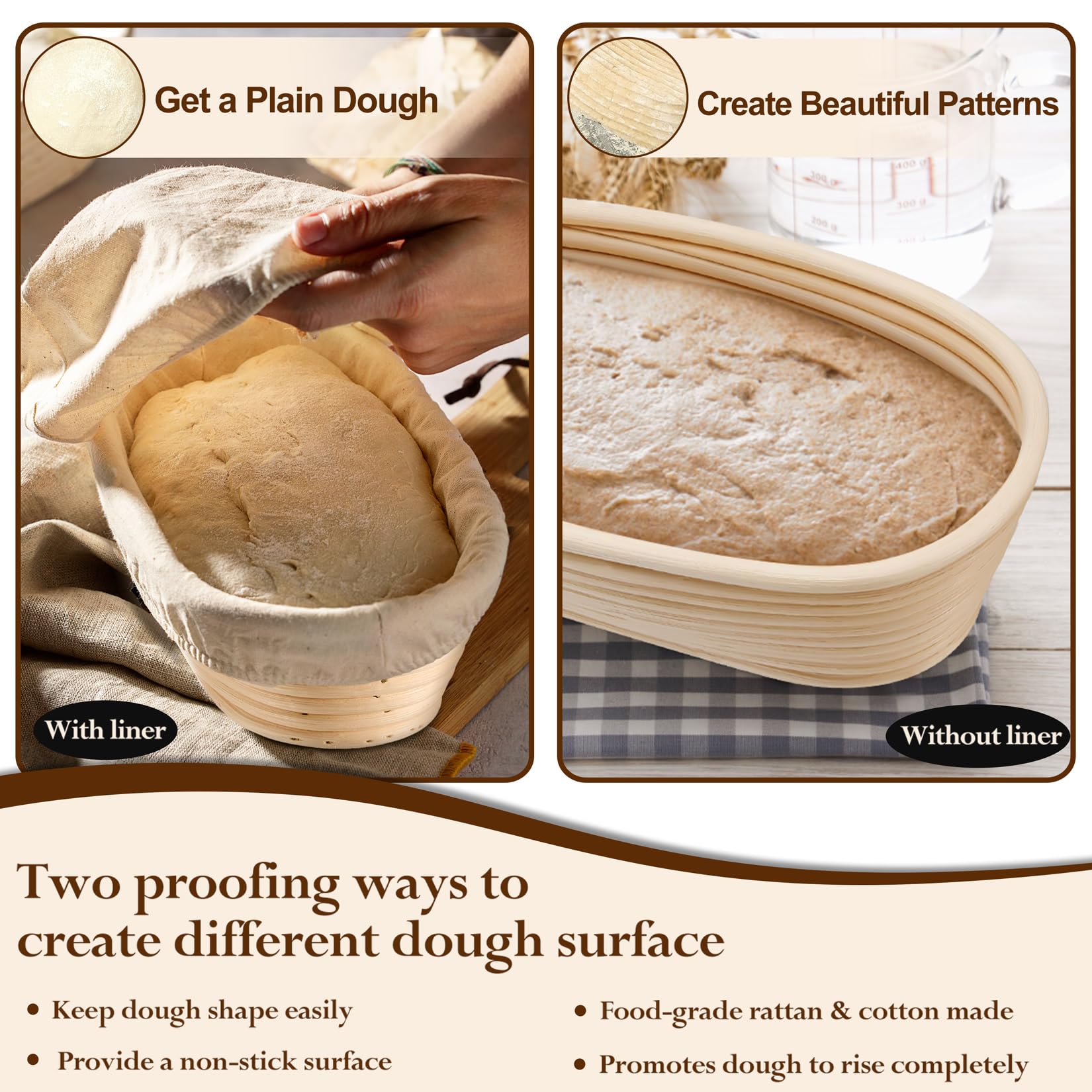 P&P CHEF natural rattan bread proofing basket highlights breathable airflow.