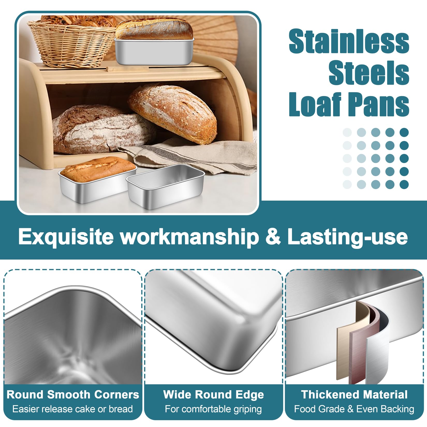 P&P CHEF stainless steel loaf pans closeup shows durable construction.