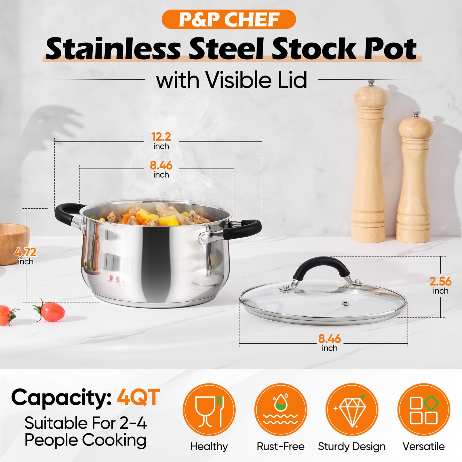 P&P CHEF stock pot shows tri-ply bottom for even heating.