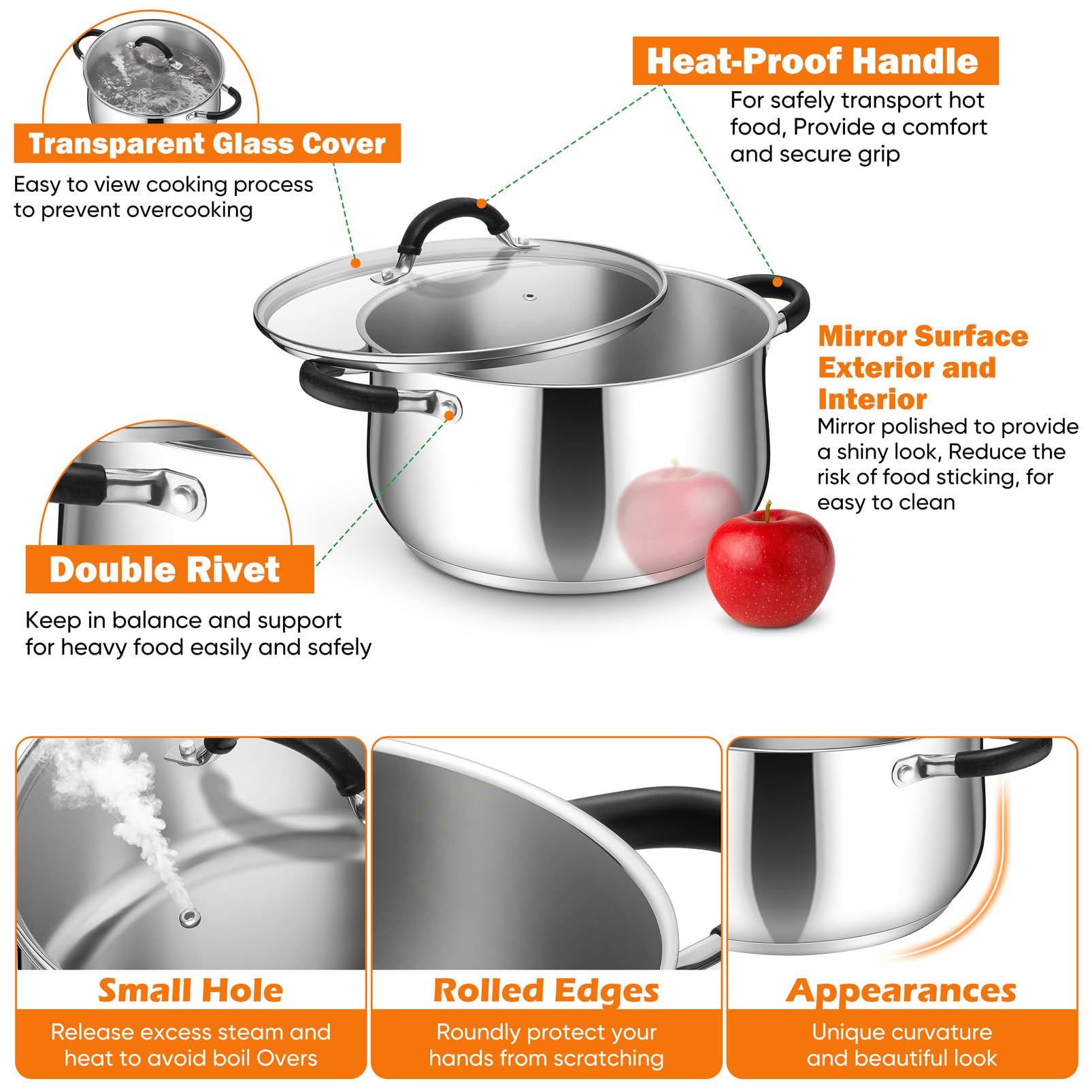 P&P CHEF stock pot interior and exterior shine, dishwasher safe for easy cleaning