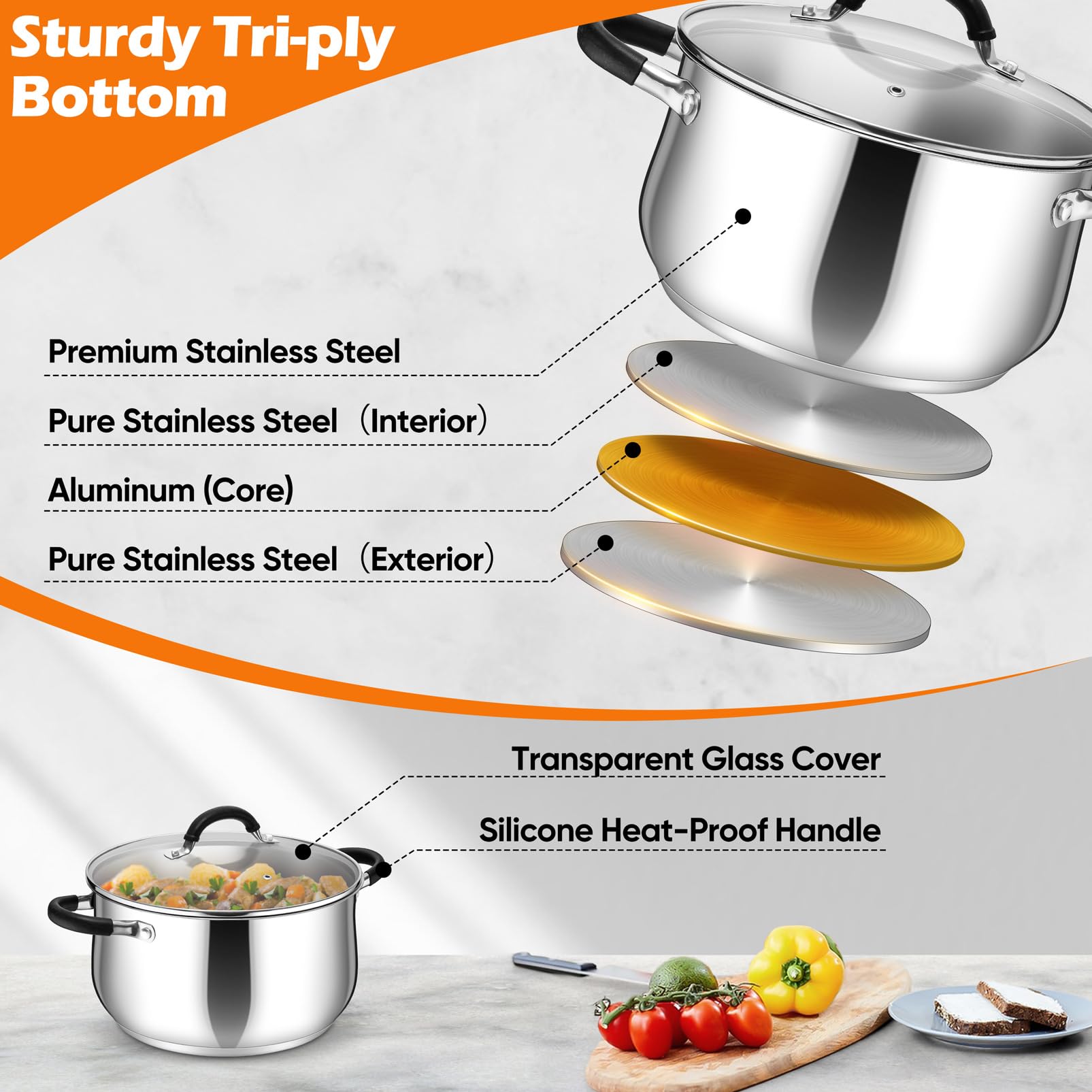P&P CHEF stainless pot with heat resistant silicone handles for safe grip