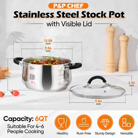 P&P CHEF stock pot shows tri-ply bottom for even heat distribution