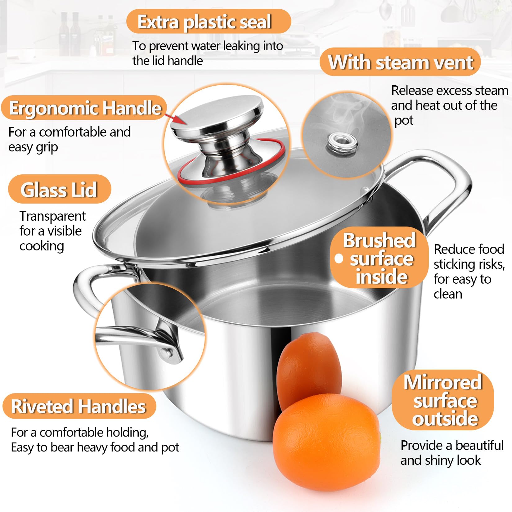 PP CHEF sturdy riveted handles provide secure lifting on the stockpot.
