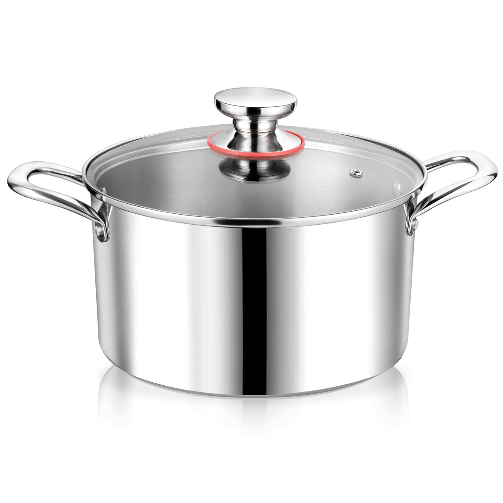 PP CHEF tri-ply stockpot with visible lid for even heating and quick cooking checks.