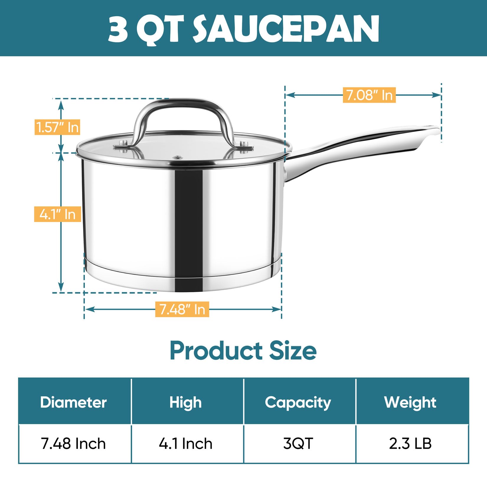 P&P CHEF 3 Qt saucepan ergonomic handle for comfortable grip.