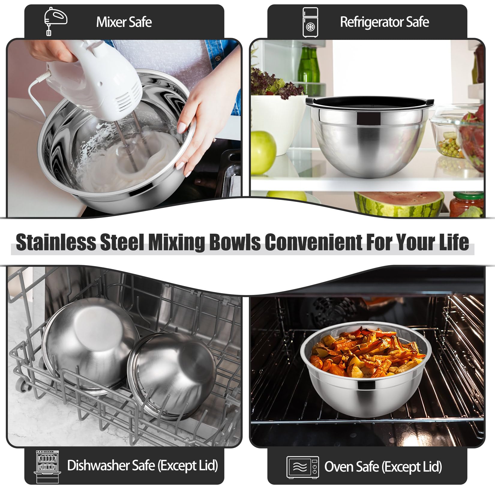 P&P CHEF deep bowls prevent splashes during mixing.