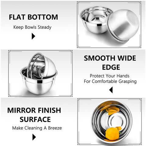 P&P CHEF bowls with mirror interior and brushed exterior for easy cleaning.