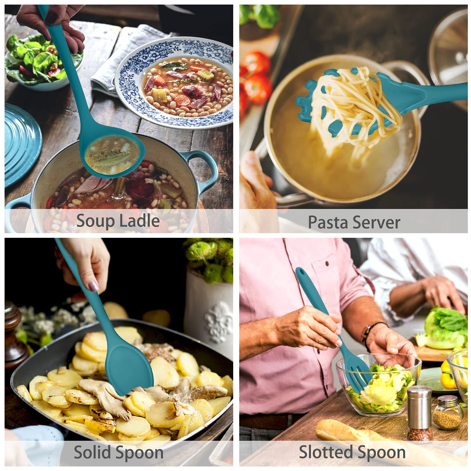 P&P CHEF silicone solid spoon beside pot, heat resistant and safe.