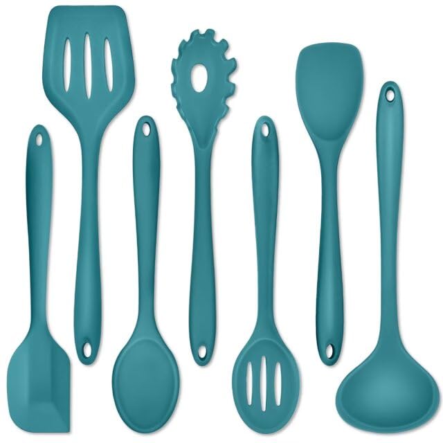 P&P CHEF 7-piece silicone utensil set displayed for versatile nonstick cooking.