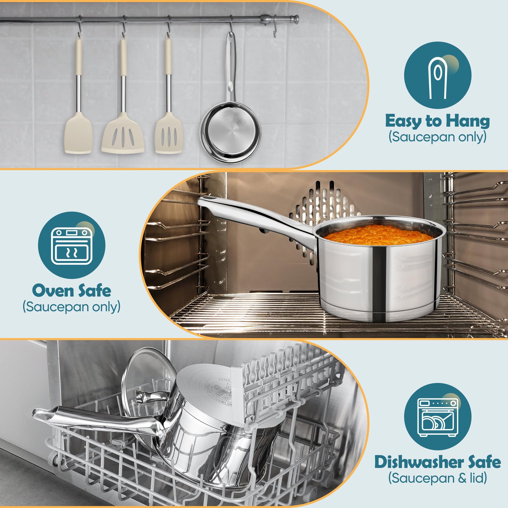 P&P CHEF stainless steel pan dishwasher safe for easy cleanup.