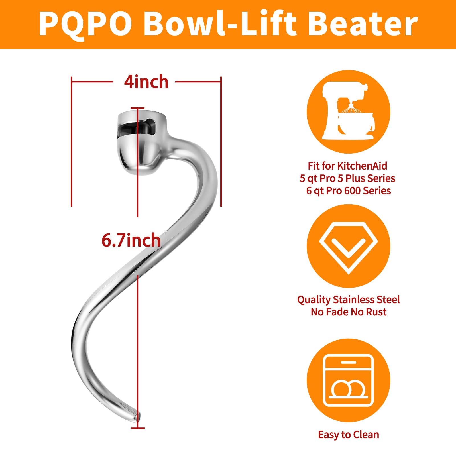 PQPO 304 stainless steel dough hook designed for even kneading
