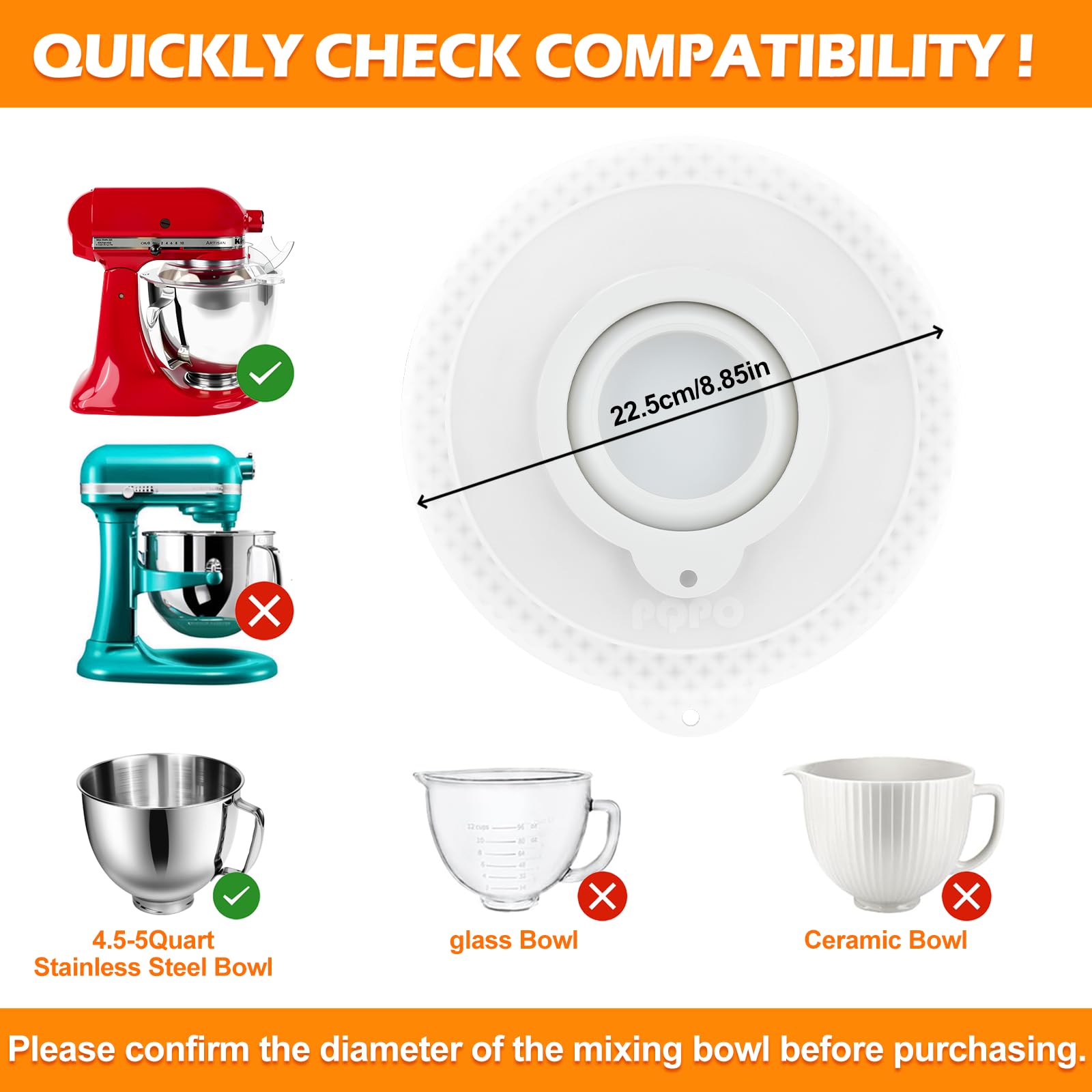 PQPO silicone lid seals ingredients to prevent flour splatter during mixing