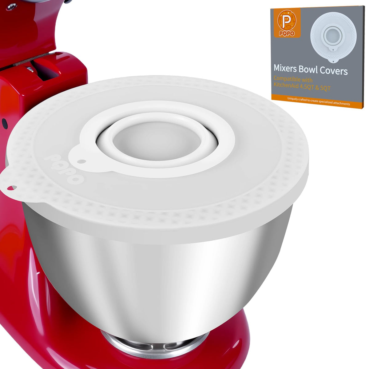 PQPO silicone mixer bowl cover in white provides a strong seal during mixing