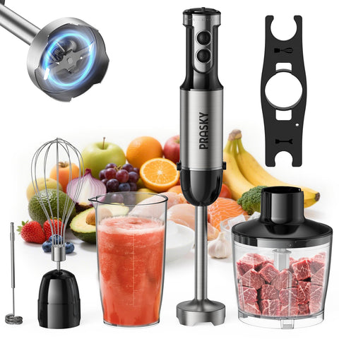 Prasky immersion blender with 1200W motor for smooth sauces and creamy soups.