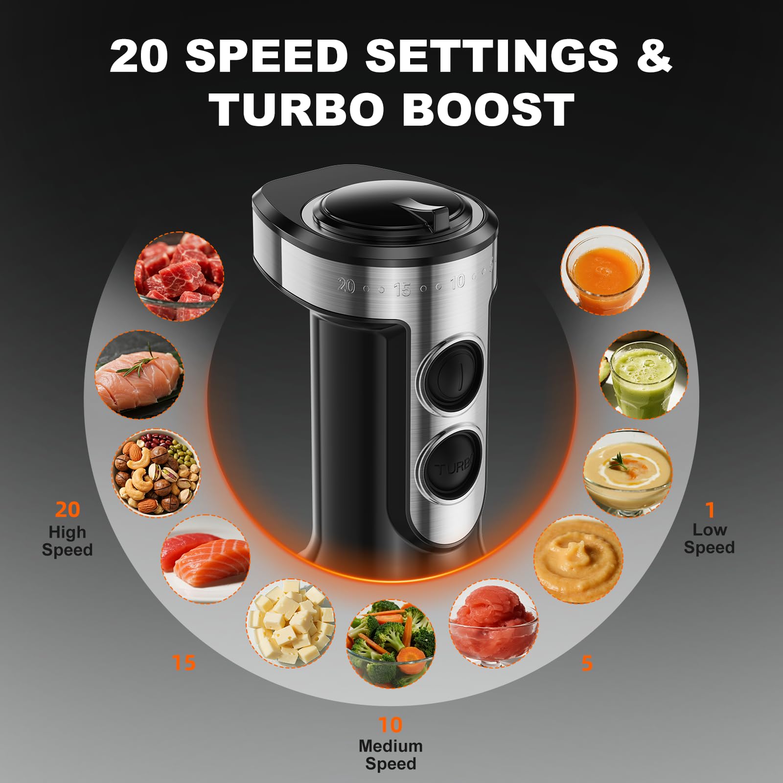 Prasky immersion blender offers 20 speeds with turbo for precise textures.