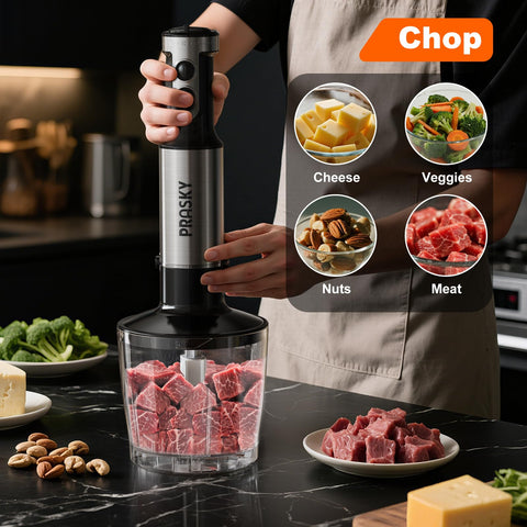 Prasky dishwasher-safe blades simplify cleanup and quick changes.