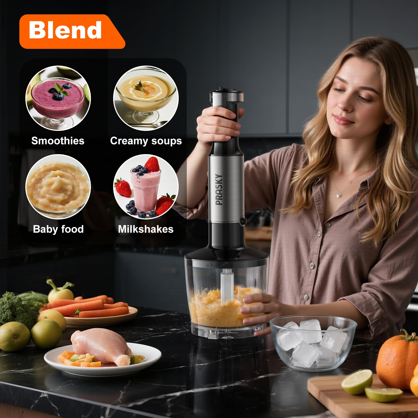 Prasky ergonomic non-slip grip ensures comfortable one handed blending.