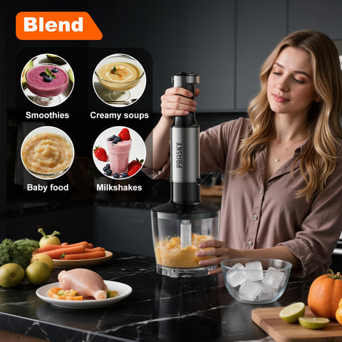 Prasky ergonomic non-slip grip ensures comfortable one handed blending.