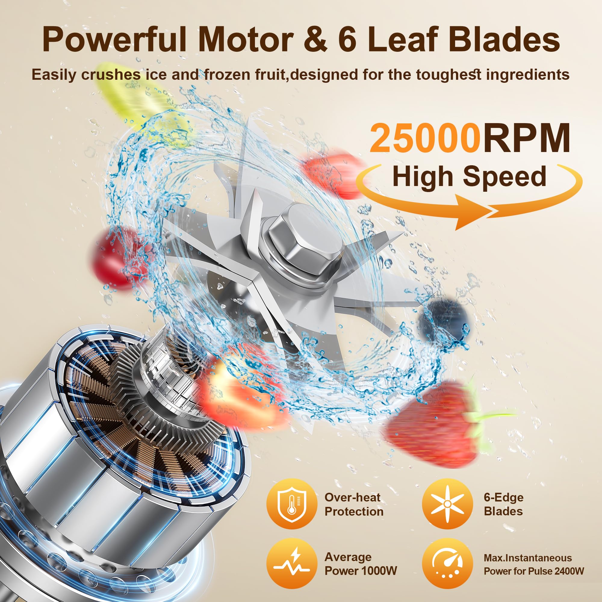 PRASKY Max blender shows stainless steel blades for efficient ice crushing.