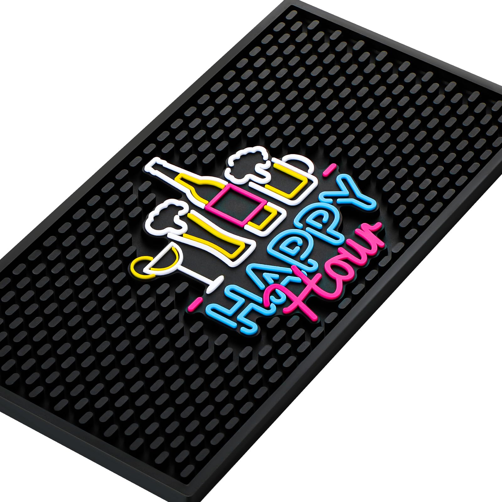 Preboun bar mat with fluorescent pattern brightens counters and contains spills.