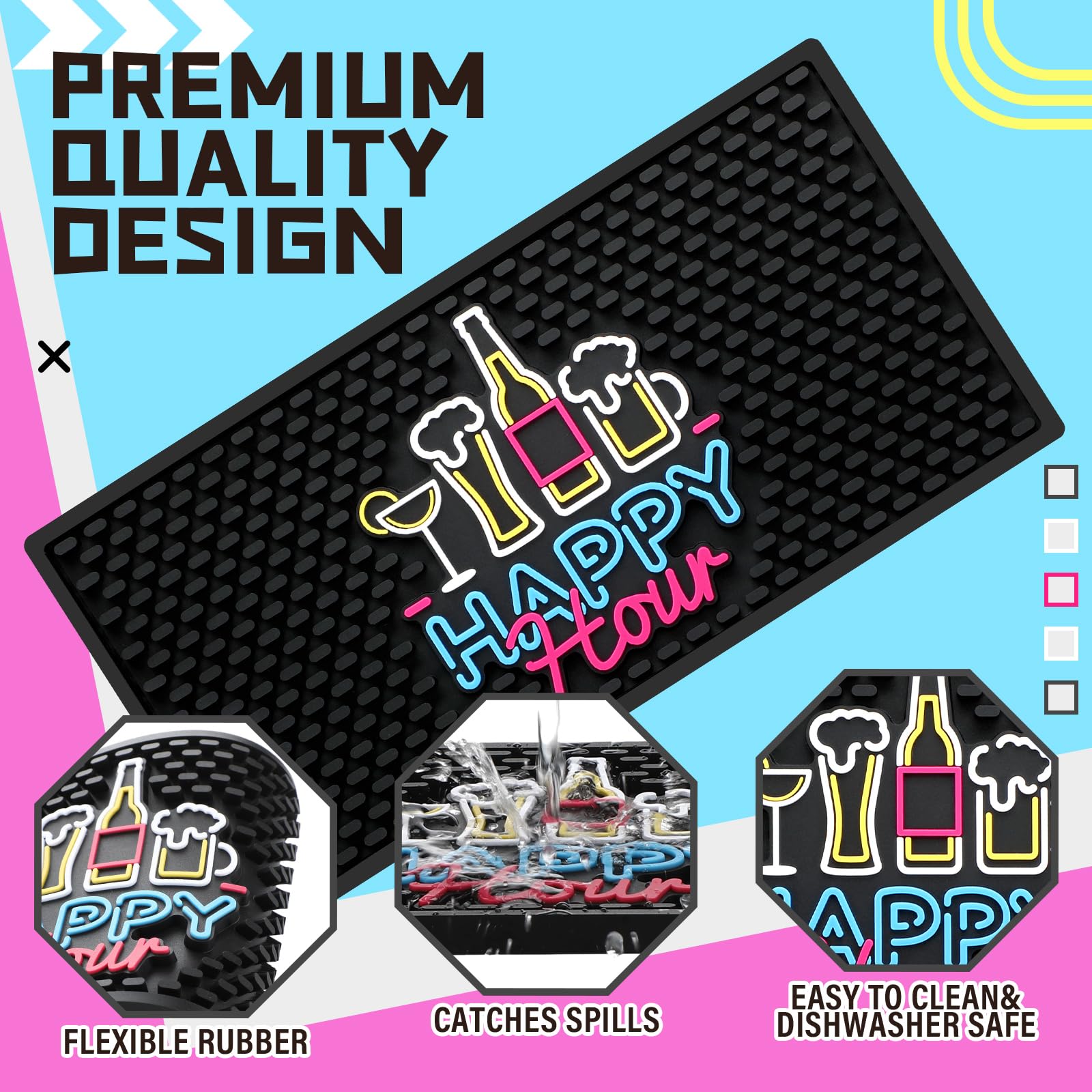 Preboun rubber bar mat with non-slip surface stays firmly in place.