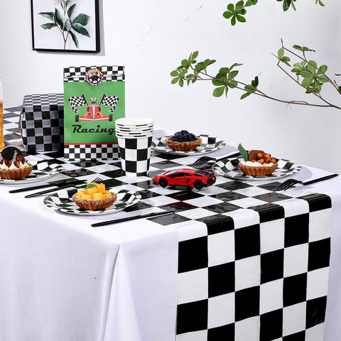 Preboun checkered table runner enhances racing table setting and quick cleanup