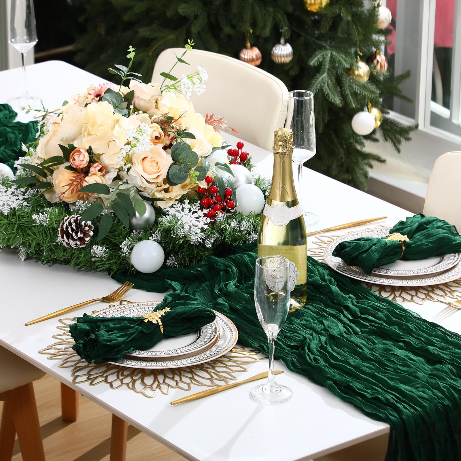 Preboun emerald green and gold rings enhance holiday ambience and theme decor