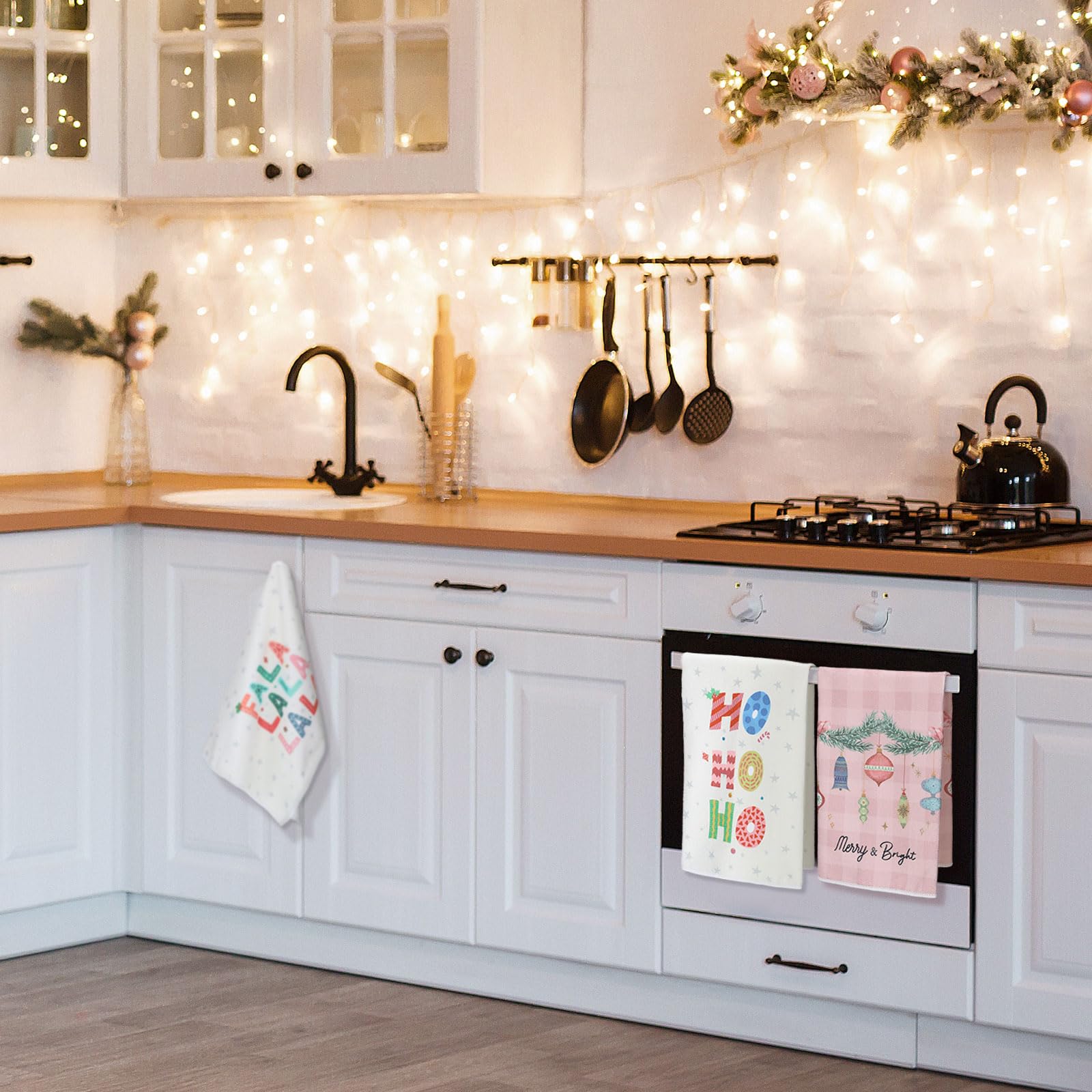 Preboun pink buffalo plaid kitchen towel brightens space and dries spills.