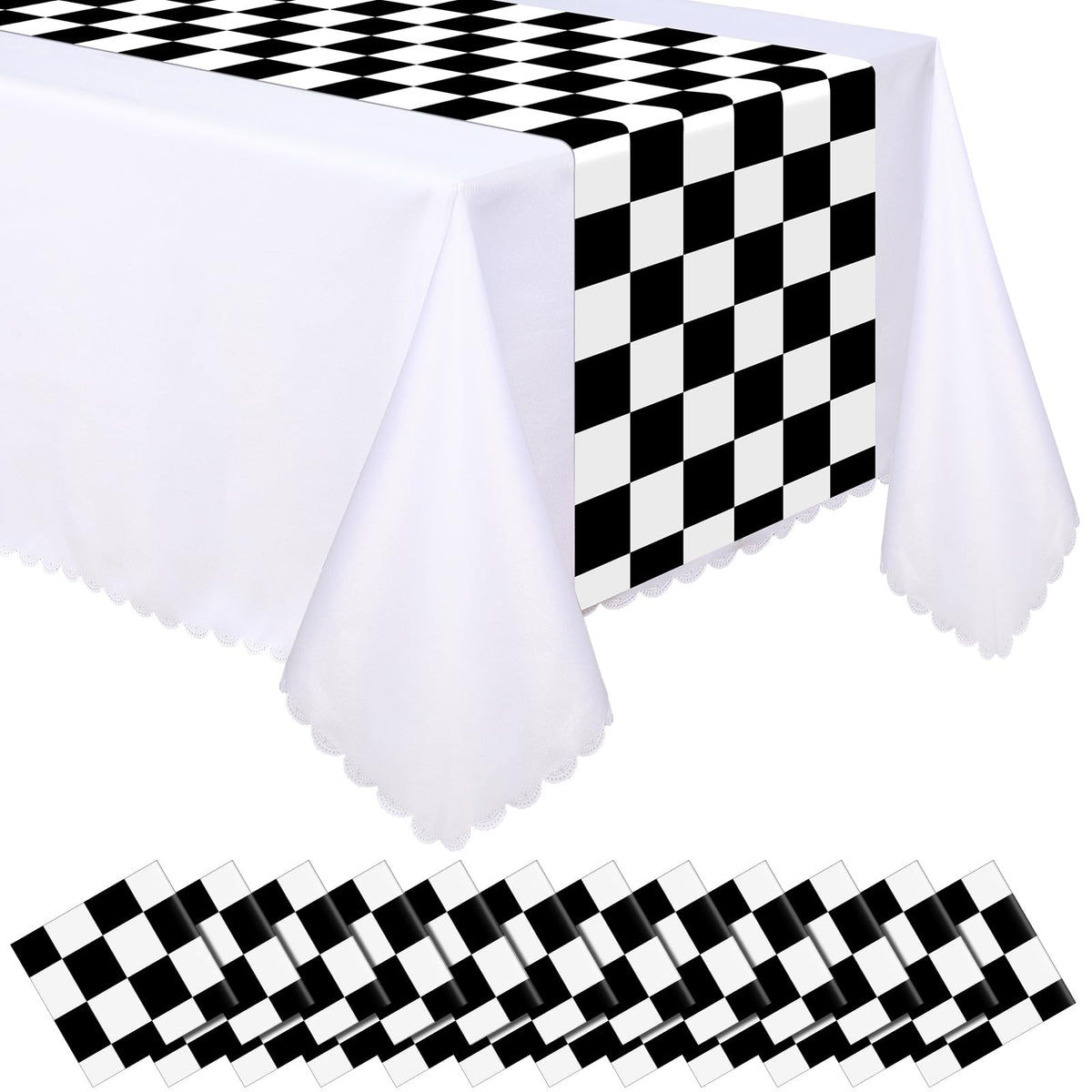 Preboun racetrack table runner in black and white for racing themed party decor