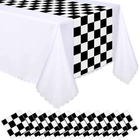 Preboun racetrack table runner in black and white for racing themed party decor