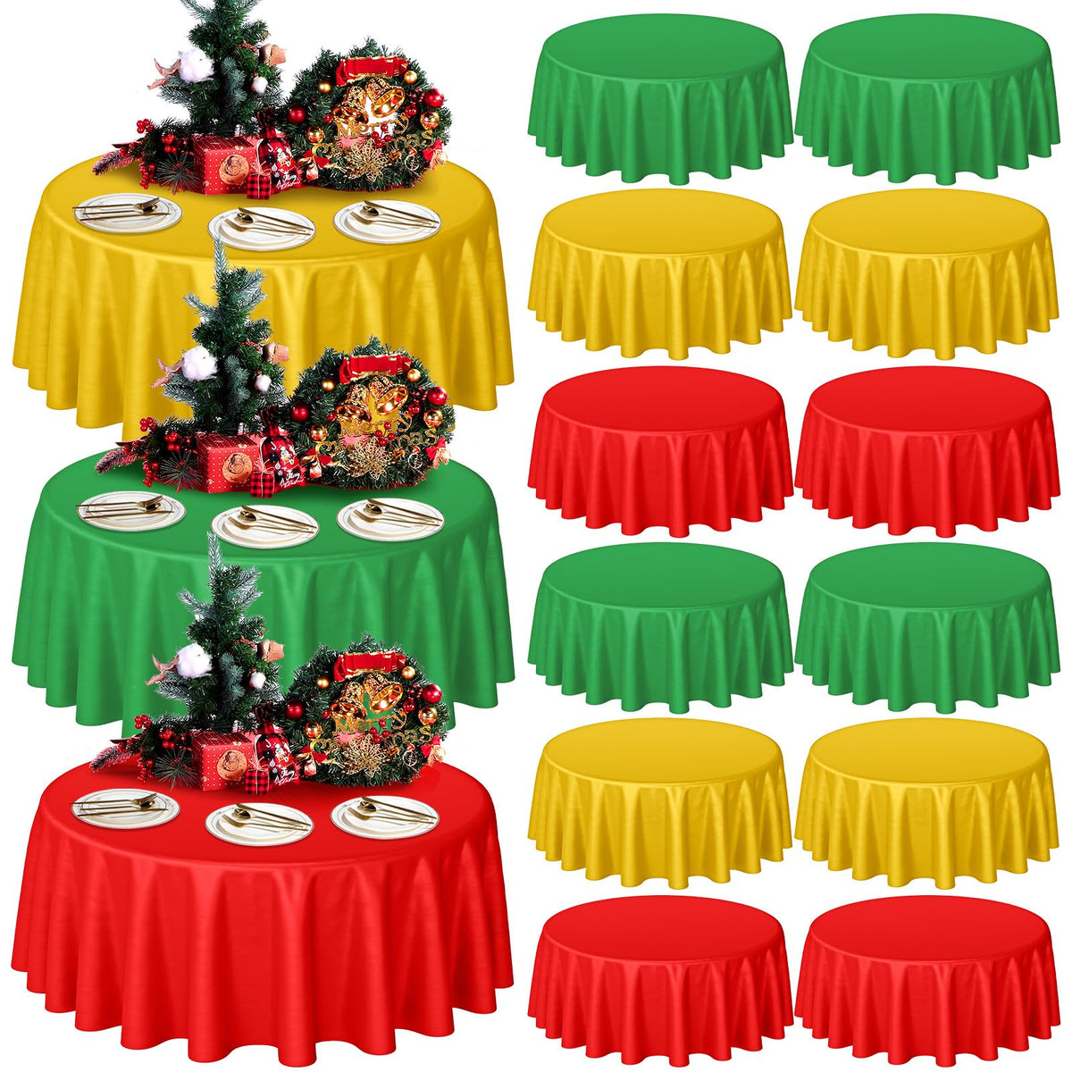 Preboun round table cover in red-green-gold shields surfaces during festive dining.