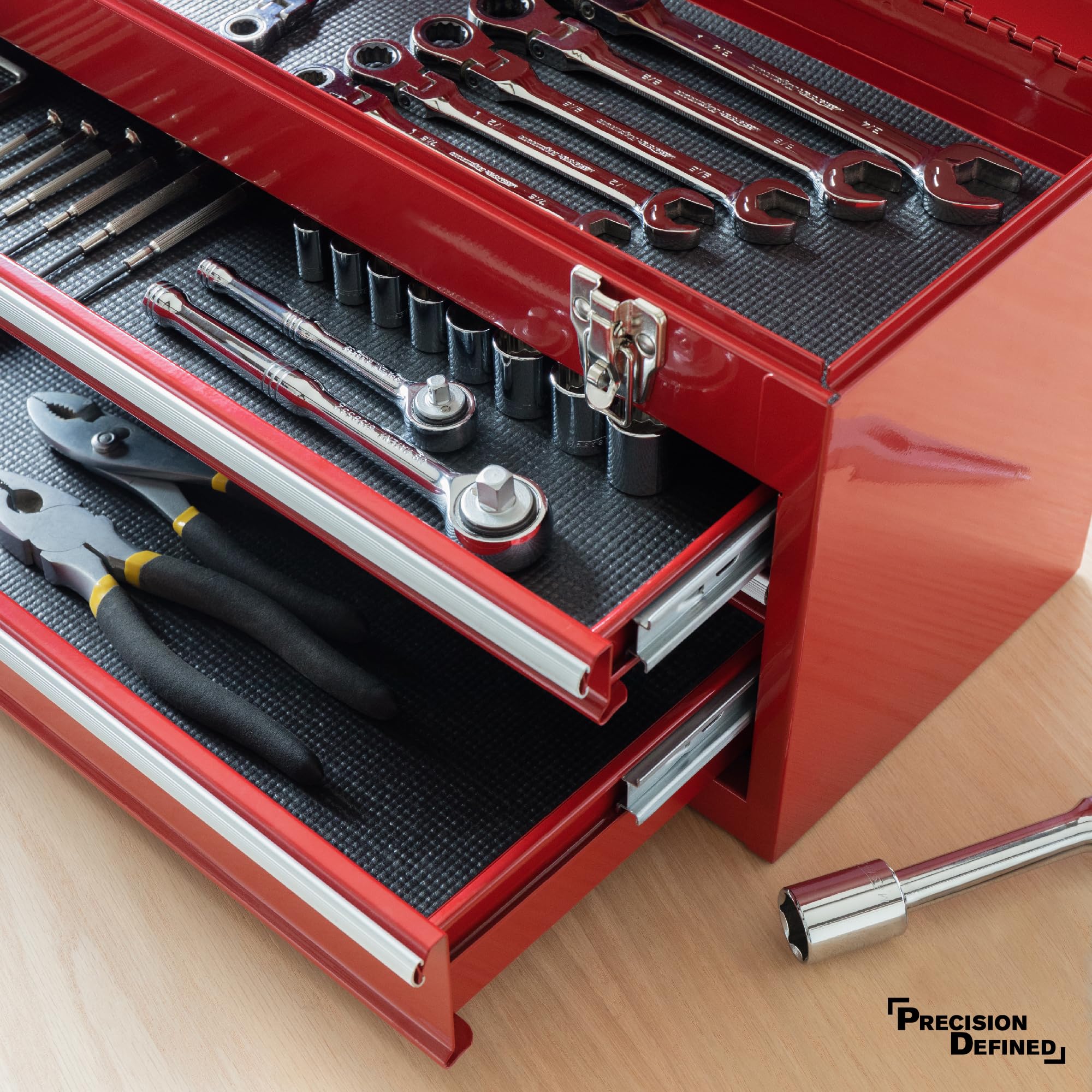 Precision Defined tool-box liner shown organizing a cluttered drawer.