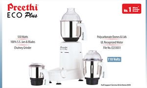 Preethi Eco Plus three jars for blending, chopping, grinding.