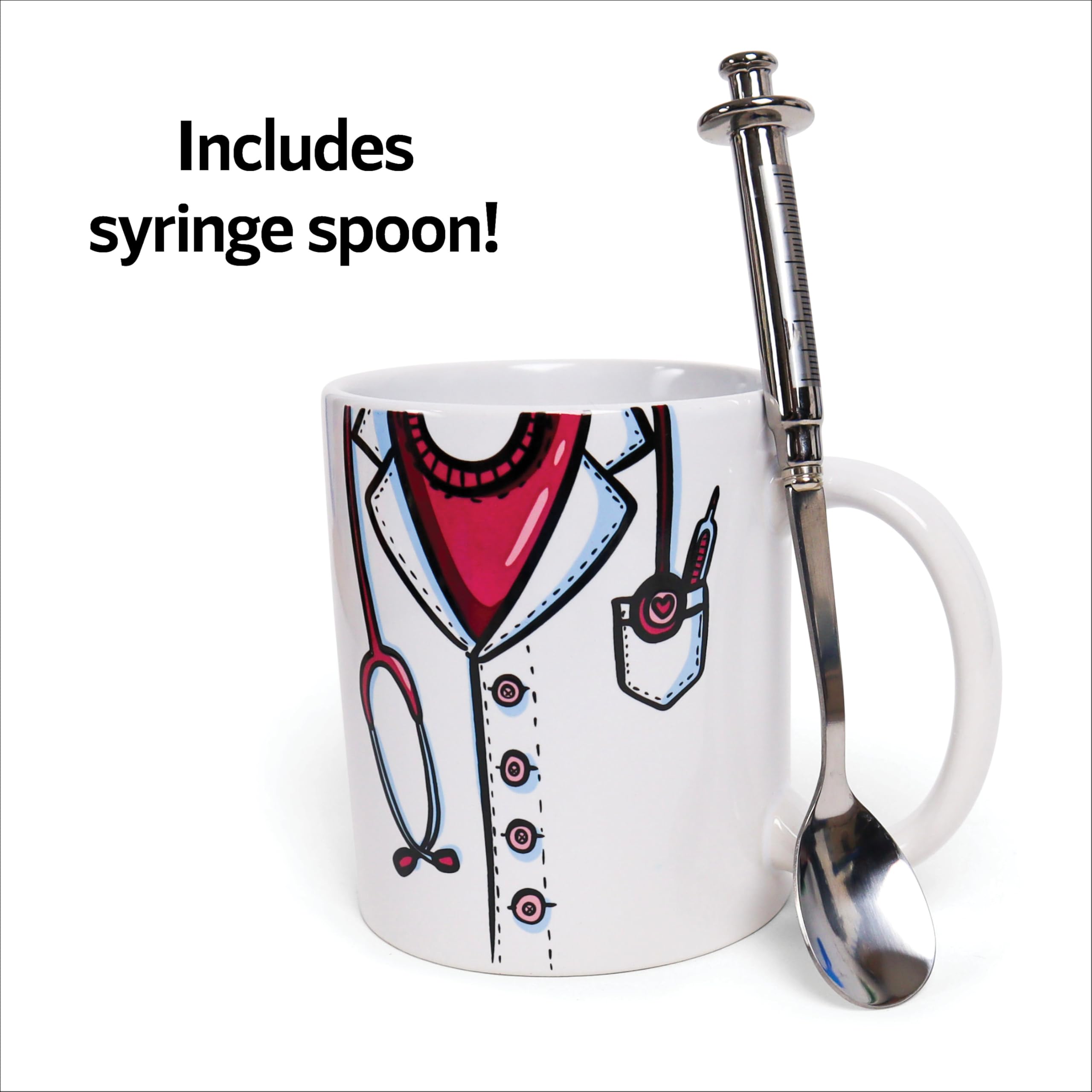 Premium Innovations mug shown with a playful syringe-shaped spoon.