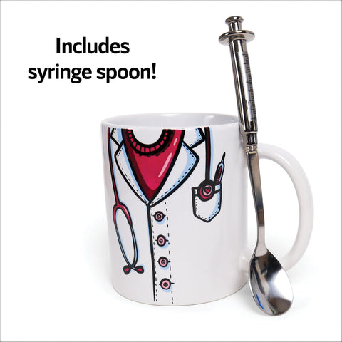 Premium Innovations mug shown with a playful syringe-shaped spoon.