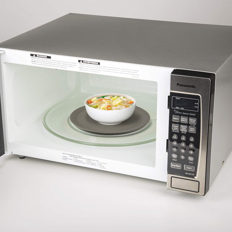 PrepSolutions mat gray serves as a splatter guard to reduce microwave messes.