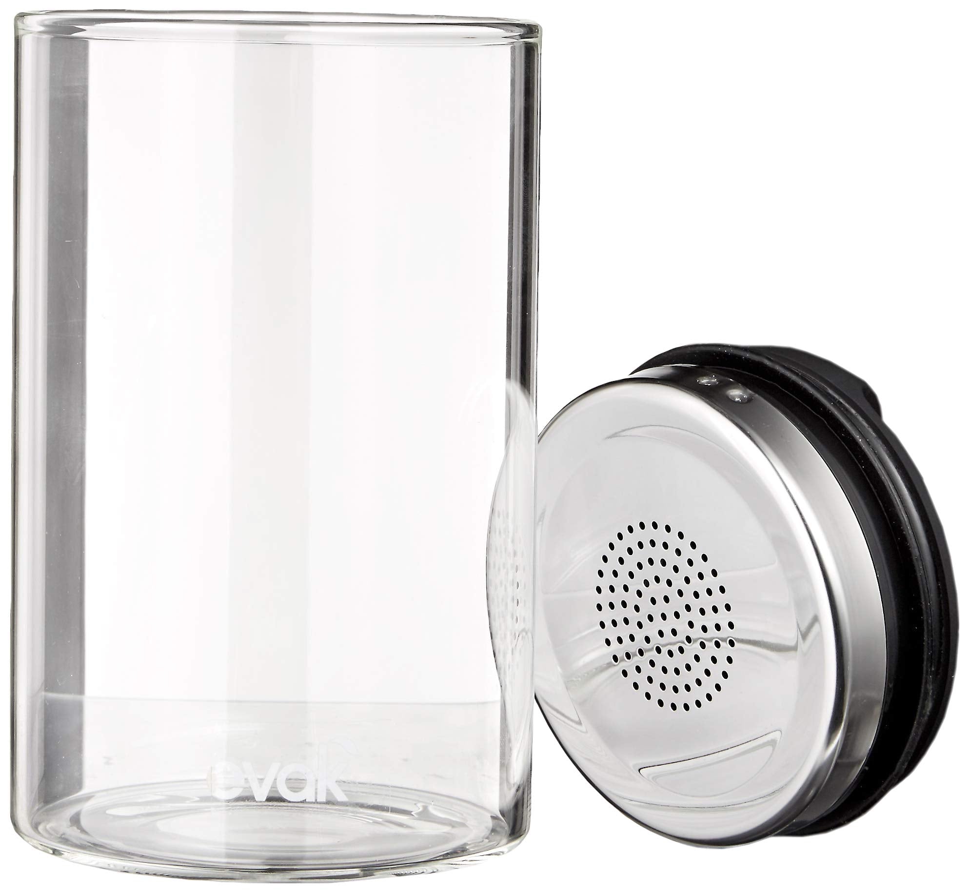 Prepara Evak Fresh Saver lid plunger action expels air to preserve aroma.
