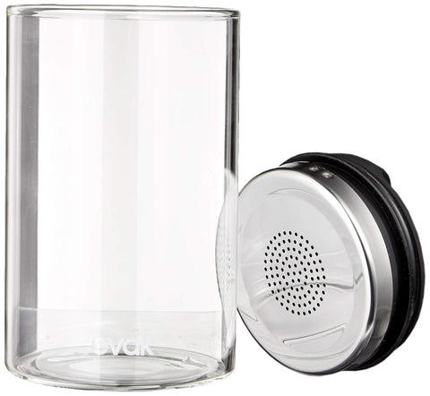 Prepara Evak Fresh Saver lid plunger action expels air to preserve aroma.